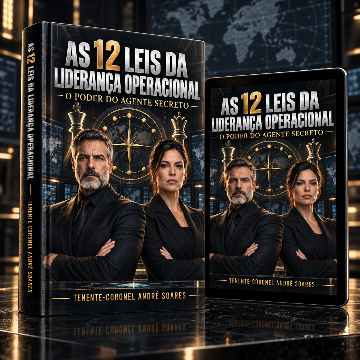Mockup oficial do livro As 12 Leis da Liderança Operacional em versão impressa e em tablet